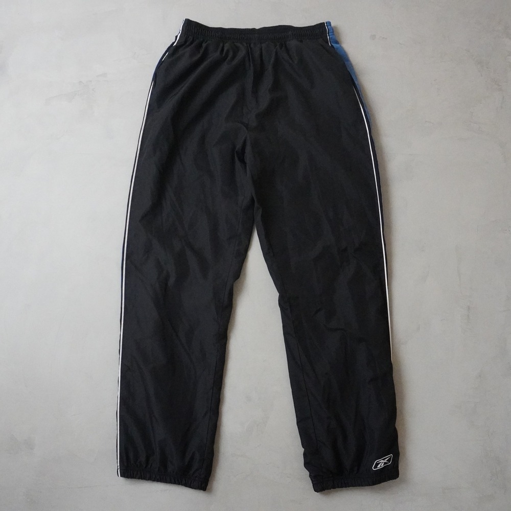 Vintage Reebok Track Pants Medium Mens 90s Black Blue Stripe Windbreaker Lined